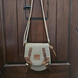 CARRAIG DONN Military Gray Canvas Brown Leather Trim Crossbody Bag Purse Handbag
